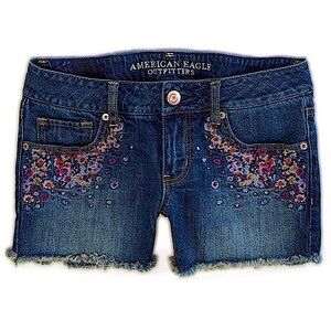 AMERICAN EAGLE Shorts AEO Colorful Blue Denim Cut Off Floral Embroidered Size 4